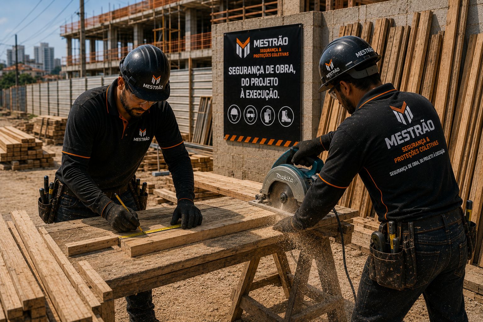 Equipe Mestrão cortando madeira no canteiro
